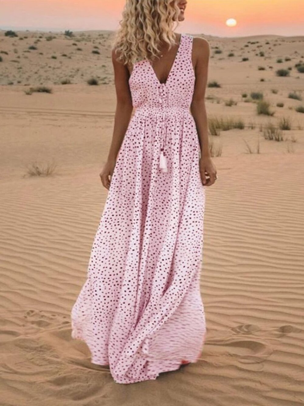 Women Sleeveless Polka Dots Boho Maxi Dress Cocktail Party Summer Beach Sundress